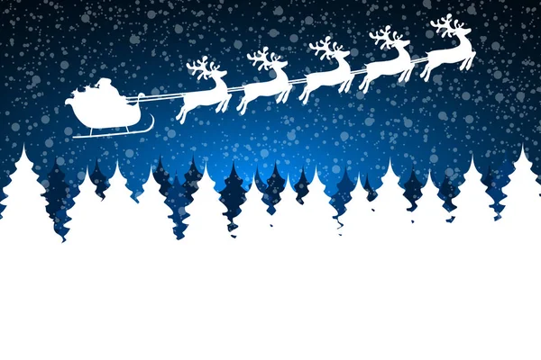 Noel Baba bir ren geyiği takımıyla ormanda ağaçlarla uçuyor. — Stok Vektör