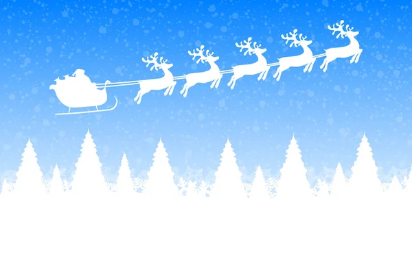 Le Père Noël vole avec une équipe de rennes dans la forêt avec des arbres — Image vectorielle