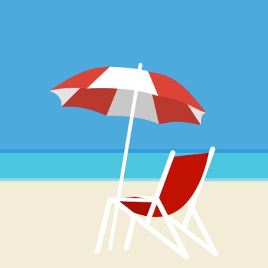 Deck chair and umbrella on the background of the sea and white sand on the beach.