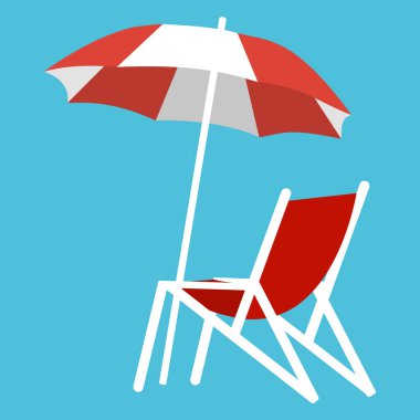 Deck chair and umbrella on the background of the sea and white sand on the beach.