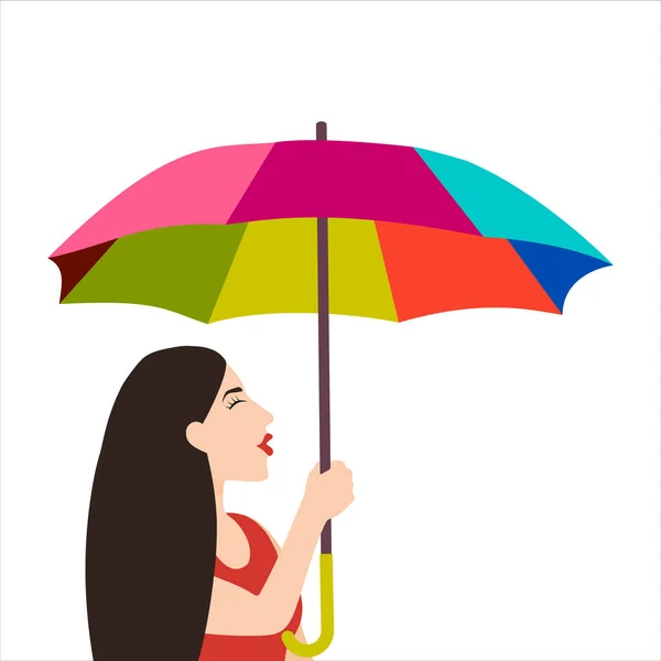 Cartoon woman with rainbow umbrella in a good mood isolated on white — Stock Vector