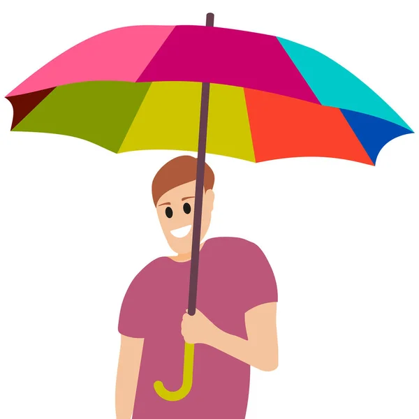 Hombre de dibujos animados con paraguas de arco iris en un buen estado de ánimo aislado en blanco — Vector de stock
