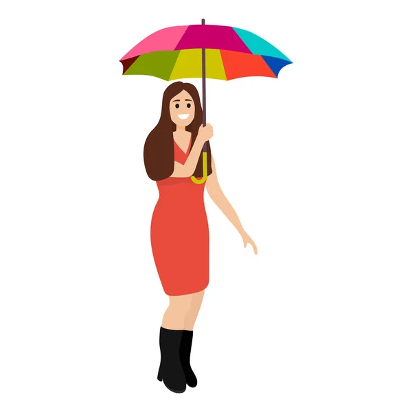 Mujer de dibujos animados con paraguas de arco iris en un buen estado de ánimo aislado en blanco — Vector de stock