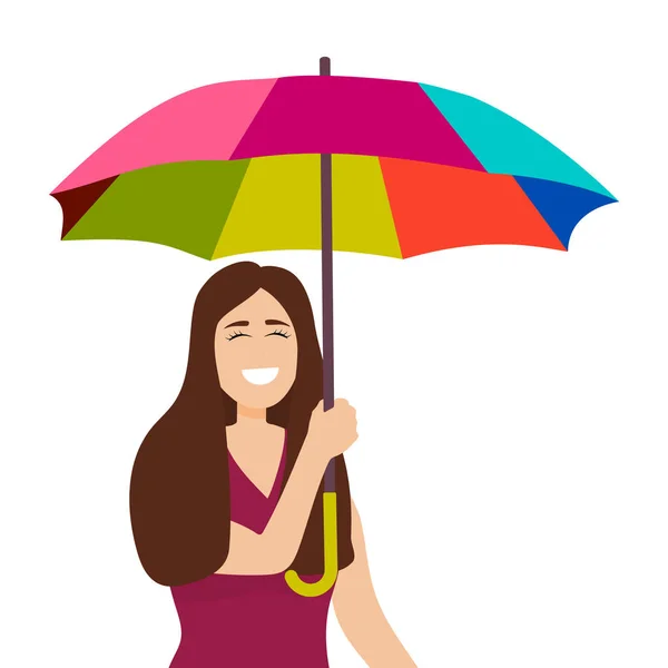 Cartoon woman with rainbow umbrella in a good mood isolated on white — Stock Vector