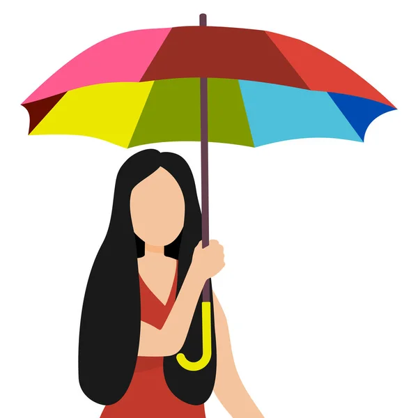 Cartoon woman with rainbow umbrella in a good mood isolated on white — Stock Vector