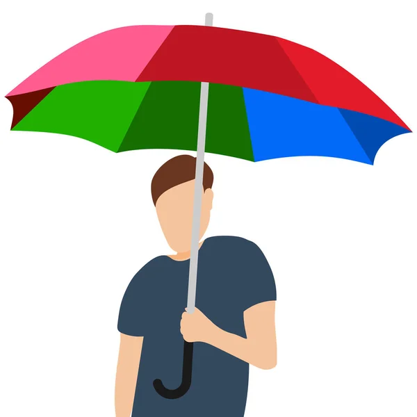 Hombre de dibujos animados con paraguas de arco iris en un buen estado de ánimo aislado en blanco — Vector de stock