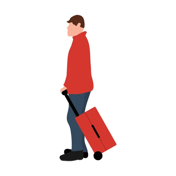 Young male tourist with a suitcase goes on a trip on vacation. Flat cartoon design, vector illustration — Stock Vector