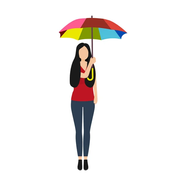 Dessin animé femme avec parapluie arc-en-ciel de bonne humeur isolé sur fond blanc — Image vectorielle