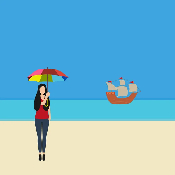 Mulher com um guarda-sol na praia da Cote d Azur. Desenhos animados ilustração vetorial plana — Vetor de Stock