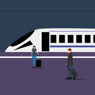 Kadın turist taşıyan bir adam tren istasyonunda bavullu gezginler treni bekliyor. Çizgi film düz tasarım, vektör illüstrasyonu