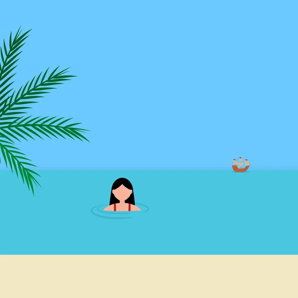 Uma jovem nada no mar na costa azul. Desenhos animados ilustração vetorial, design plano — Vetor de Stock