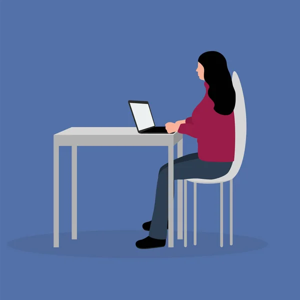 Kobieta siedząca przy laptopie. Ilustracja wektor kreskówek, płaska konstrukcja — Wektor stockowy