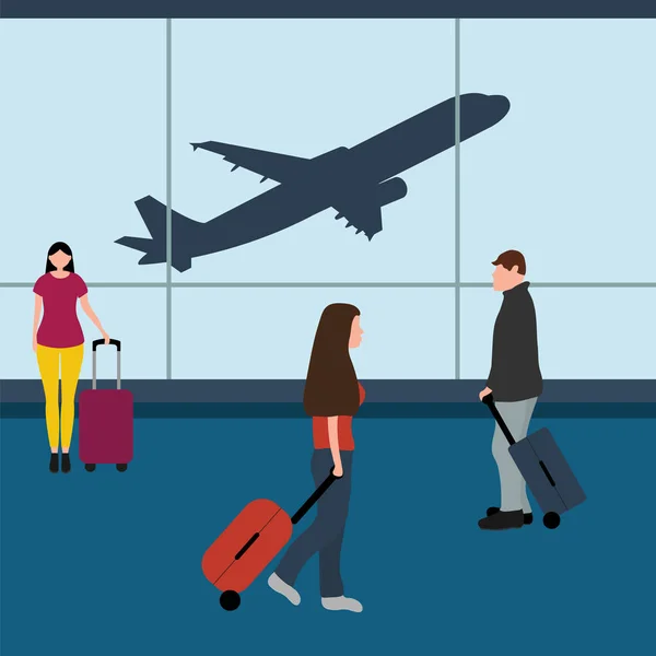 Man med kvinnliga turister resenärer med en resväska på flygplatsen väntar på planet. Tecknad platt design, vektor illustration — Stock vektor