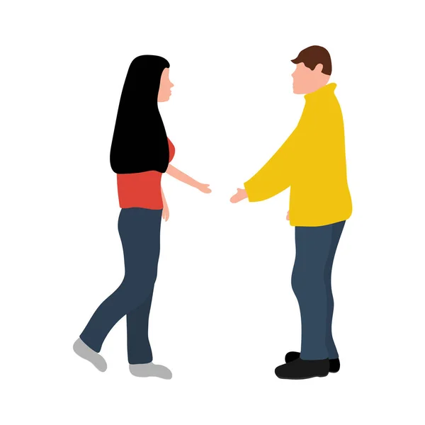 Man and woman greet each other while greeting. Cartoon man and woman isolated on white background — Stock Vector