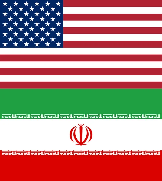 Bandeiras americanas e iranianas. Símbolos nacionais oficiais dos Estados — Vetor de Stock