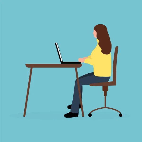 Woman sitting working at a laptop. Cartoon vector illustration, flat design — Stock Vector