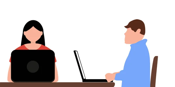 Man and a woman work in an office behind laptops isolated on a white background. Cartoon flat design, vector illustration — Stock Vector