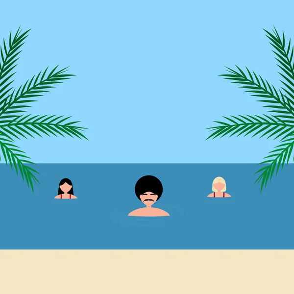 Jovens mulheres e namoradas nadam no mar na costa azul. Desenhos animados ilustração vetorial, design plano — Vetor de Stock