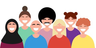 Dünya insanlarının dostluğundan. Farklı ülkelerden erkekler ve düz dizayn edilmiş kadınlar beyazlar üzerinde izole edilmiş. Çizgi film Vektör illüstrasyonu