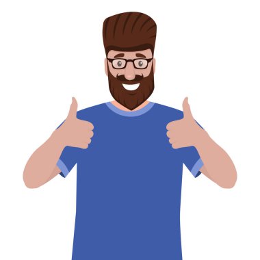 Sakallı bir adam işaret gibi baş parmağını kaldırıyor. Çizgi film vektör çizimi, düz tasarım