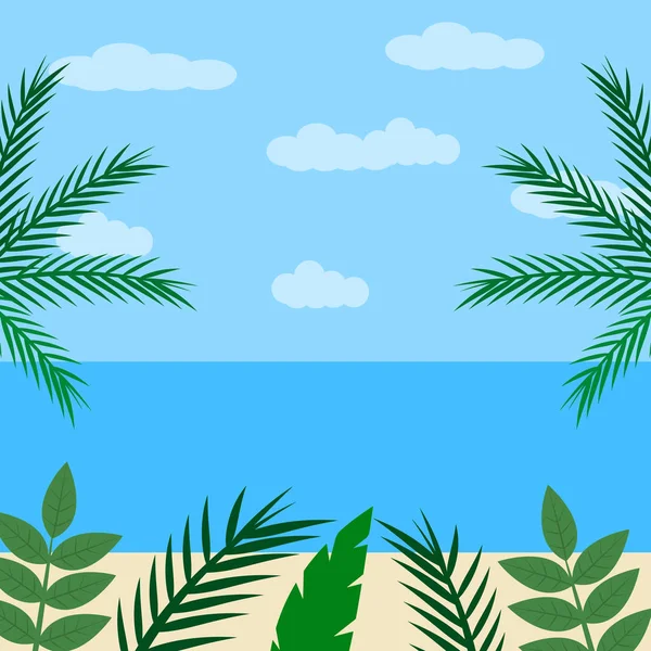 Paesaggio in stile cartone animato piatto. Fantastico mare con palme e litorale. Illustrazione vettoriale — Vettoriale Stock