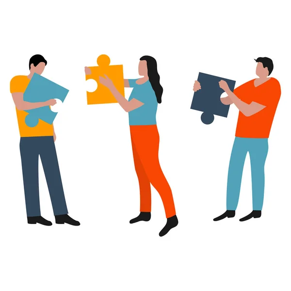 People connected puzzle pieces. Performing work according to the instructions. Joint collaboration of a group of persons. Flat cartoon design, vector illustration — 스톡 벡터