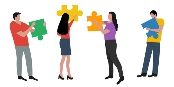 人们连接着拼图块。按照指示完成工作.一群人的联合协作。平面卡通设计，矢量图解 — 图库矢量图片#