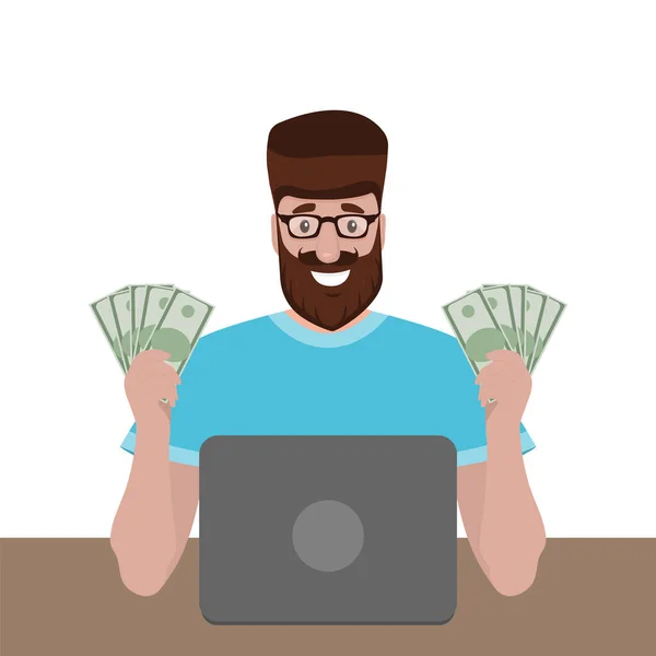 Der Mann mit dem Geld hinter dem Laptop freut sich über ein Lächeln. Cartoon flaches Design Menschen, Vektorillustration — Stockvektor