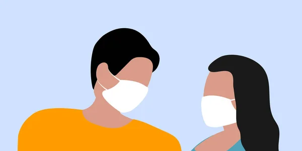 Männer und Frauen in medizinischen Masken schützen sich vor der Epidemie. Zeichentrickflaches Design, Vektorillustration über die Krankheit. — Stockvektor