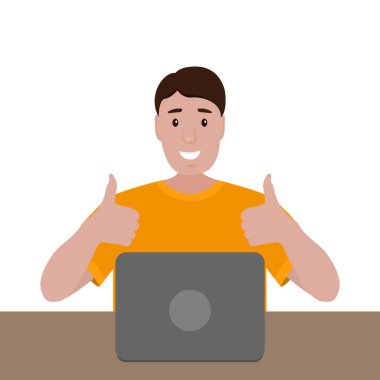 Dizüstü bilgisayarda çalışan bir adam. Çizgi film vektör çizimi, düz tasarım