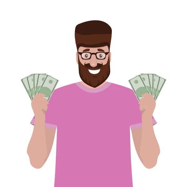 Der Mann hält Geld in den Händen und genießt sein Gehalt. Cartoon-Vektor-Illustration, flaches Design — Stockvektor