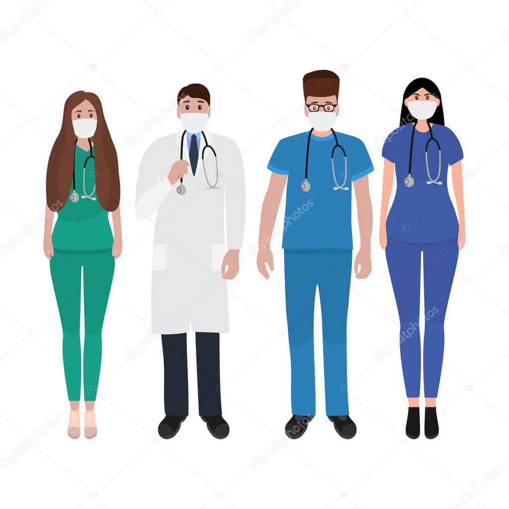 Young male and female doctors with stethoscope in a hospital. Cartoon flat, vector illustration