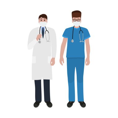 Steteskopu hastanede olan genç bir doktor. Çizgi film düz, vektör illüstrasyonu