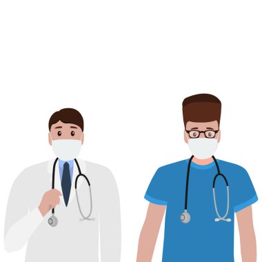 Steteskopu hastanede olan genç bir doktor. Çizgi film düz, vektör illüstrasyonu