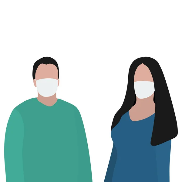 Man en vrouw met een beschermend masker tegen virussen. Modieuze trendy illustratie, vlak design. Pandemie en epidemie van het coronavirus in de wereld — Stockvector