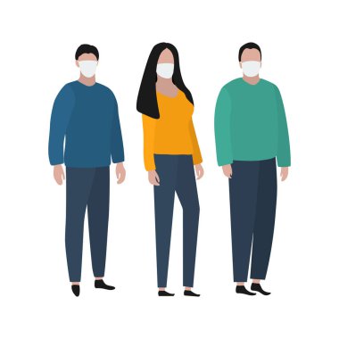 Virüslere karşı koruyucu maskeli bir adam ve kadın. Moda modası, düz tasarım. Dünyada koronavirüs salgını ve salgını