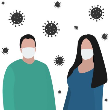 Virüslere karşı koruyucu maskeli bir adam ve kadın. Moda modası, düz tasarım. Dünyada koronavirüs salgını ve salgını