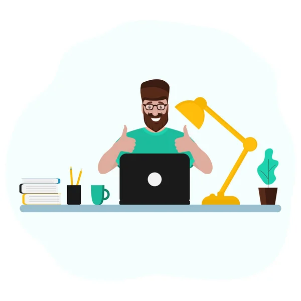Adam dizüstü bilgisayarda çalışıyor. Moda eğilimi vektör illüstrasyonu, düz tasarım