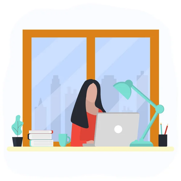 A mulher trabalha num portátil. Moda tendência vetor ilustração, design plano —  Vetores de Stock