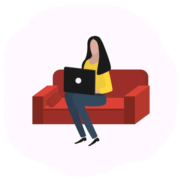 Женщина работает за ноутбуком. Векторная иллюстрация тенденций моды, плоский дизайн — стоковый вектор