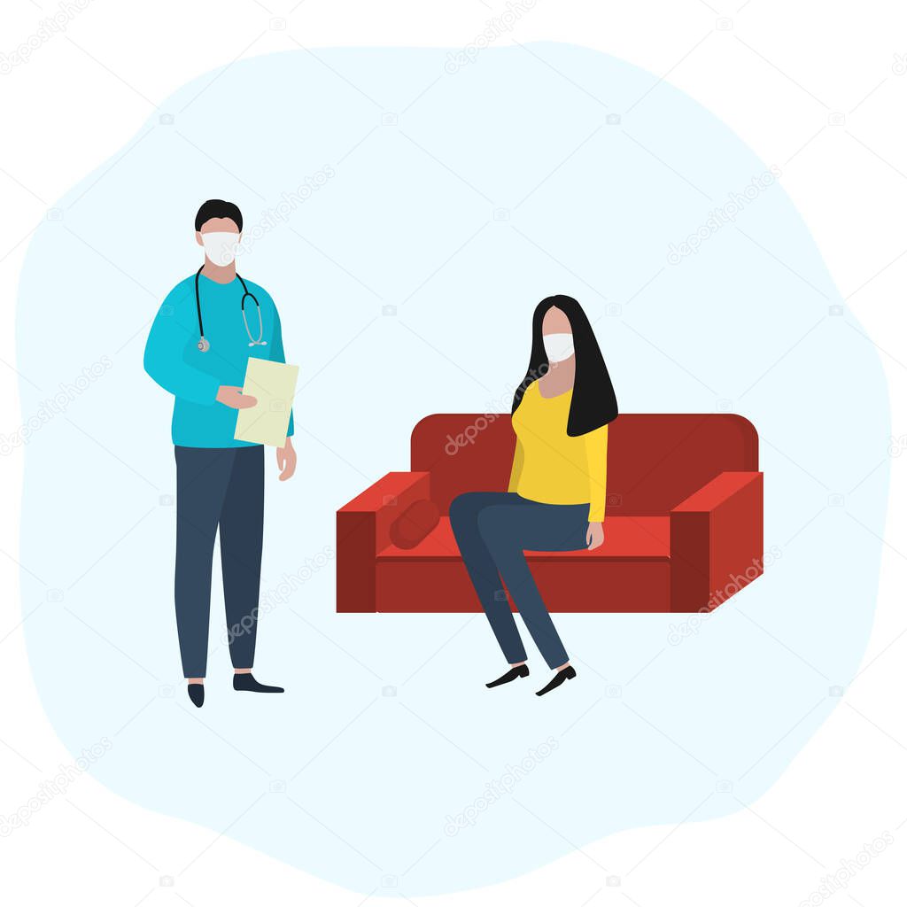 Woman sits at home on the sofa in a medical mask is sick and a doctor is standing nearby. Fashion trendy illustration, flat design. Pandemic and epidemic of coronavirus in the world