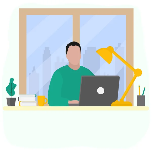 Man works at a laptop. Fashion trend vector illustration, flat design — Stock Vector
