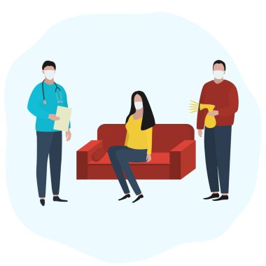 Kadın evinde, kanepede oturuyor, tıbbi bir maske takıyor, hasta ve yanında bir doktor var. Moda modası, düz tasarım. Dünyada koronavirüs salgını ve salgını