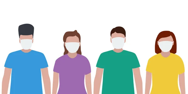 Homme et femme portant un masque de protection contre les virus. Illustration tendance mode, design plat. Pandémie et épidémie de coronavirus dans le monde — Image vectorielle