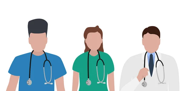 Giovani medici di sesso maschile e femminile con stetoscopio in ospedale. Cartone animato piatto, illustrazione vettoriale — Vettoriale Stock