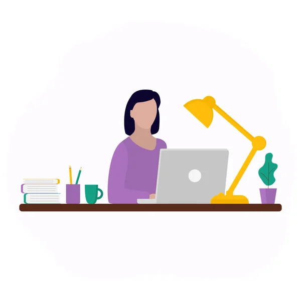 Woman works at a laptop. Fashion trend vector illustration, flat design — Stock Vector