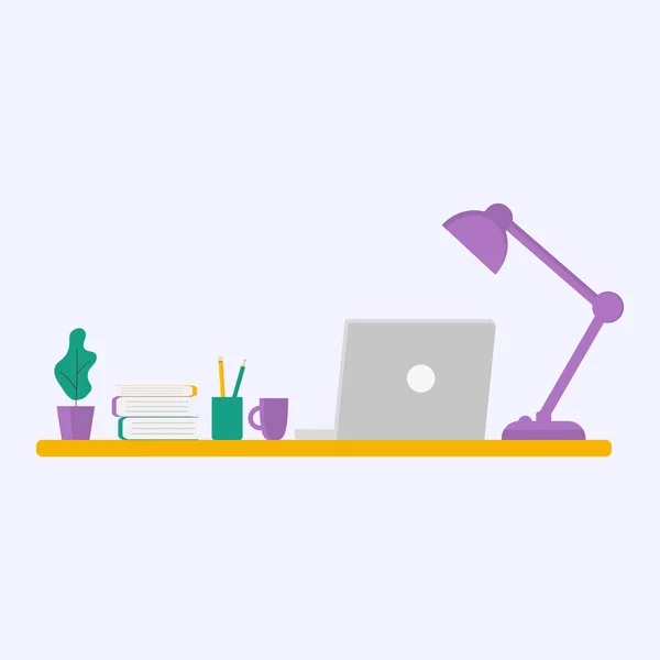 Office with necessities. A laptop on a table with a lamp, books and a cup of coffee. Flat design, vector illustration — Stock Vector