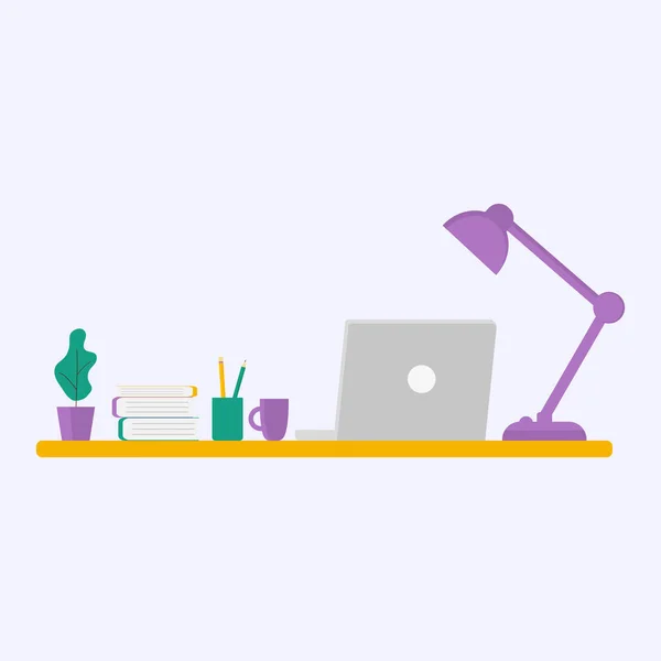 Kantoor met benodigdheden. Een laptop op een tafel met een lamp, boeken en een kop koffie. Platte vormgeving, vectorillustratie — Stockvector