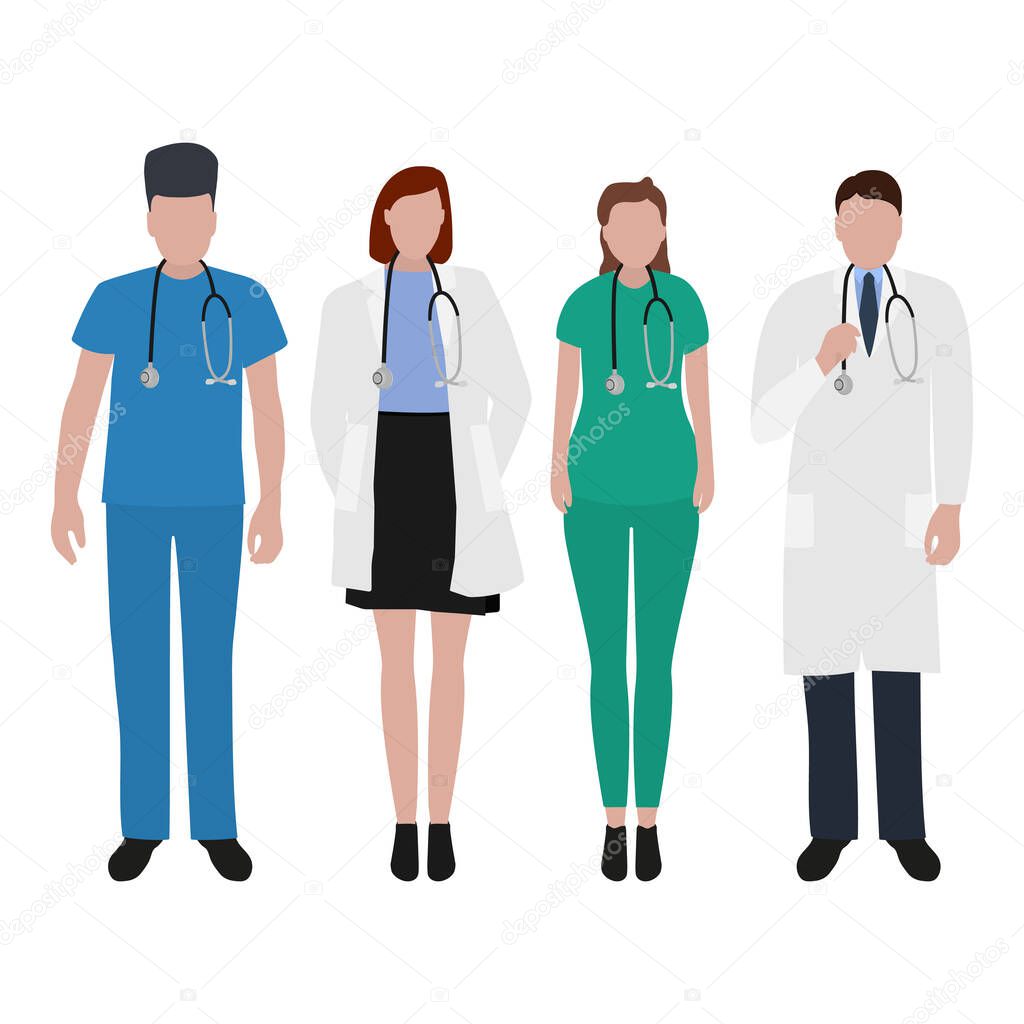 Young male and female doctors with stethoscope in a hospital. Cartoon flat, vector illustration