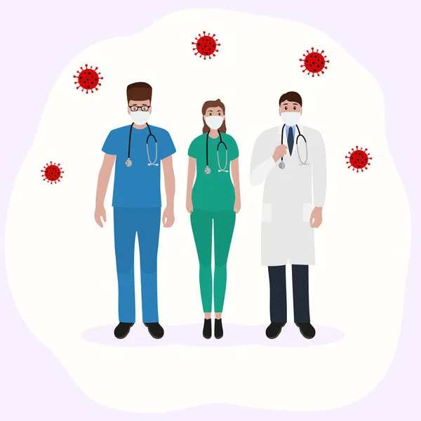 Médicos jóvenes con estetoscopio en un hospital. Dibujos animados plana, ilustración vectorial — Vector de stock